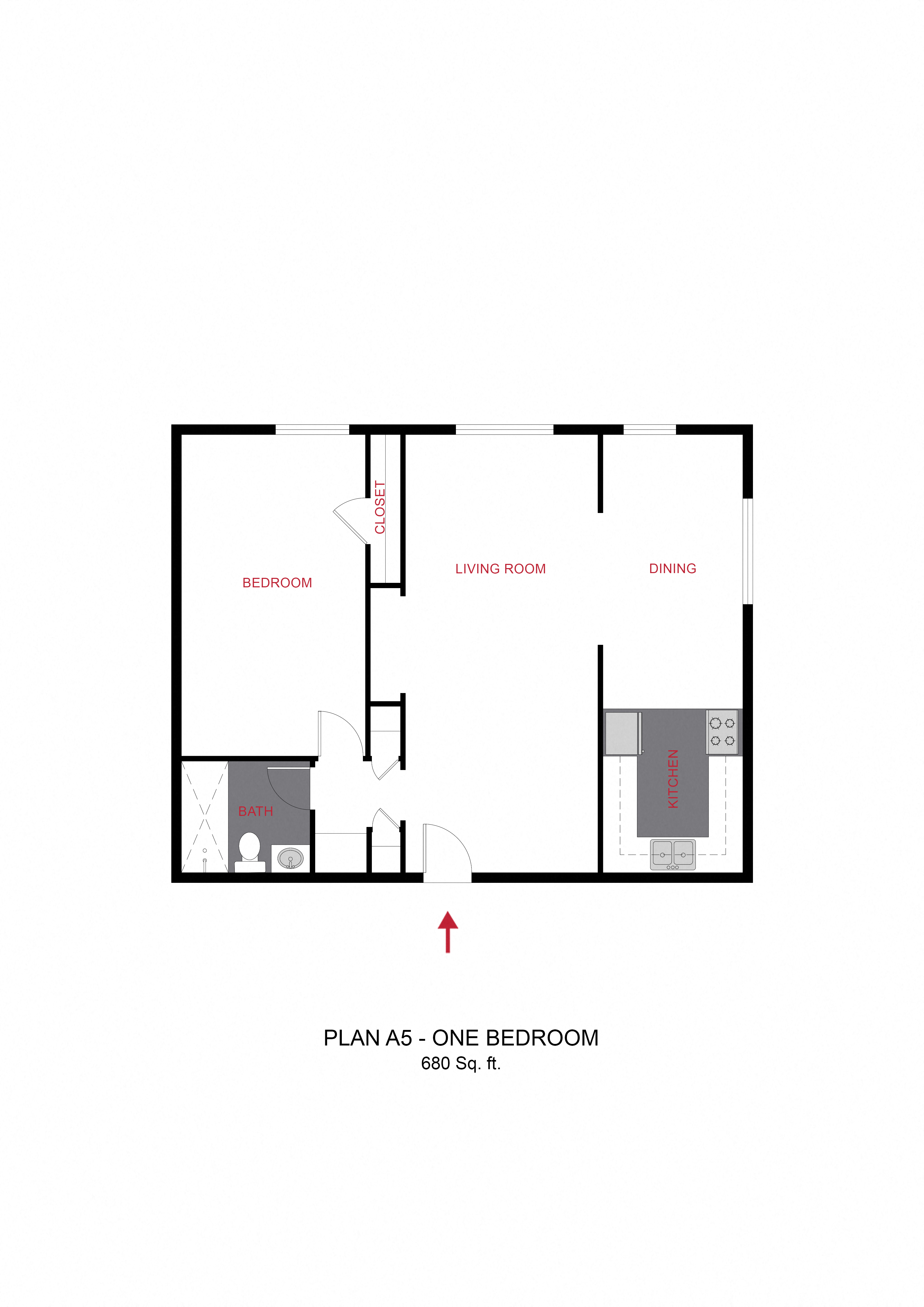 Floor plan for 1 bed, 1 bath, 680 sqft